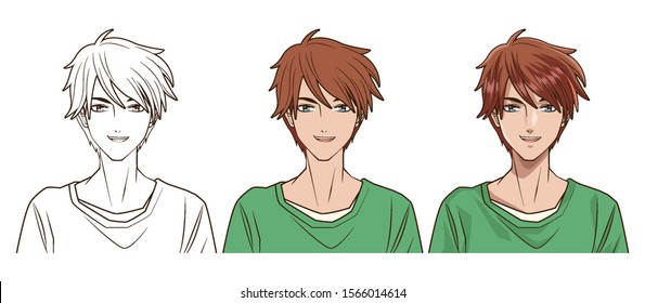 drawing process of young man anime style character vector illustration design