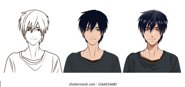 drawing process of young man anime style character vector illustration design