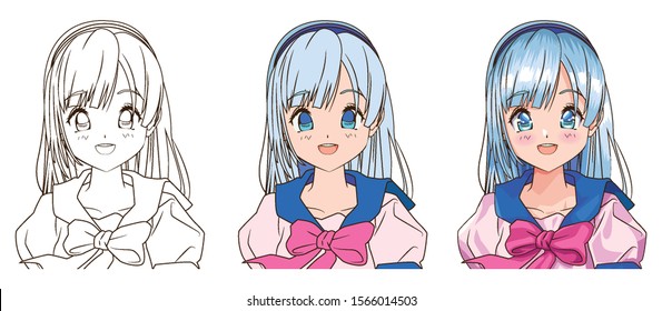 drawing process of young woman anime style character vector illustration design