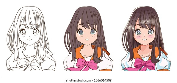 drawing process of young woman anime style character vector illustration design