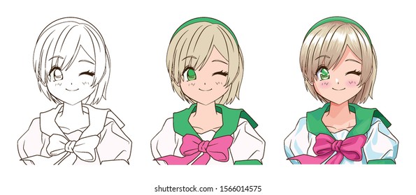 drawing process of young woman anime style character vector illustration design