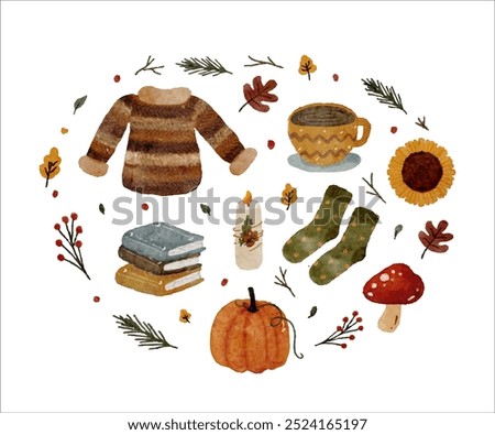 A drawing of a pumpkin, a book, a sweater, a cup, and a mushroom. The drawing is of a fall scene