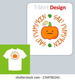 Drawing with a pumpkin for Halloween. Harvest festival. Positive pattern on the t-shirt. Vector illustration for web design or print.