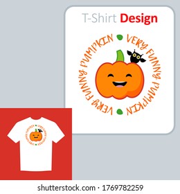 Drawing with a pumpkin for Halloween. Harvest festival. Positive pattern on the t-shirt. Vector illustration for web design or print.