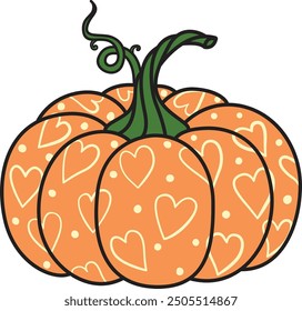 Drawing pumpkin with hand drawn hearts and dots background. Vector illustration.