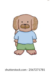 Drawing of a puppy in a T-shirt and shorts on a white background
