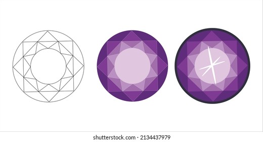 Drawing In Purple Round Gemstone Vector In Three Stages Of Drawing In Purple Gemstone Vector. Round Gem For Creating Children's Games.