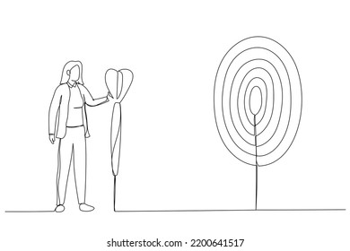 Drawing of purposeful businesswoman with spear in hand looks at the target. Metaphor for achievement of goal. Continuous line art
