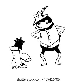 drawing Puss in Boots, Tyrolean hunter and his cat, the sketch, doodle comic vector illustration