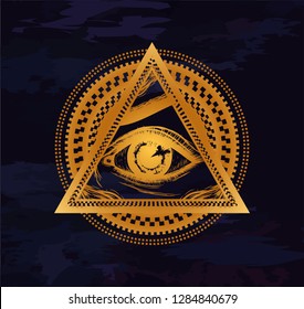 Drawing pyramid with all seeing eye. Conspiracy theory. Gold print on the black background. Magic look. Sketch for print t shirt and tattoo art. Boho chic. Hypnotism. Masonic symbol.