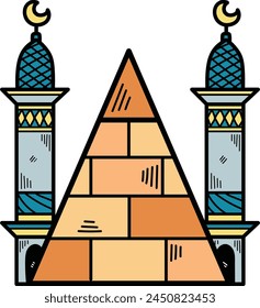 A drawing of a pyramid with palm trees and cacti in the background. The pyramid is made of bricks and is surrounded by a desert landscape. The palm trees and cacti add a sense of exoticism