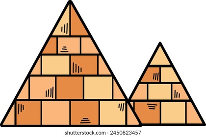 A drawing of a pyramid with palm trees and cacti in the background. The pyramid is made of bricks and is surrounded by a desert landscape. The palm trees and cacti add a sense of exoticism