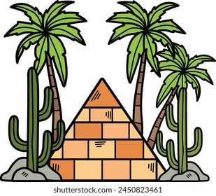 A drawing of a pyramid with palm trees and cacti in the background. The pyramid is made of bricks and is surrounded by a desert landscape. The palm trees and cacti add a sense of exoticism