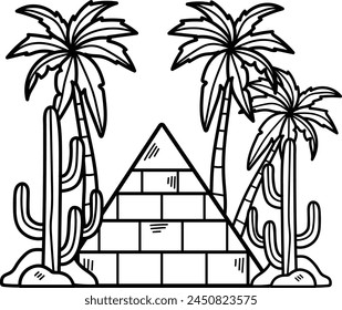 A drawing of a pyramid with palm trees and cacti in the background. The pyramid is made of bricks and is surrounded by a desert landscape. The palm trees and cacti add a sense of exoticism