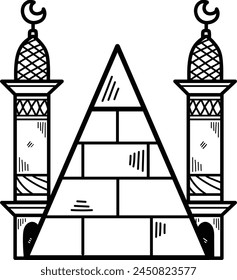 A drawing of a pyramid with palm trees and cacti in the background. The pyramid is made of bricks and is surrounded by a desert landscape. The palm trees and cacti add a sense of exoticism