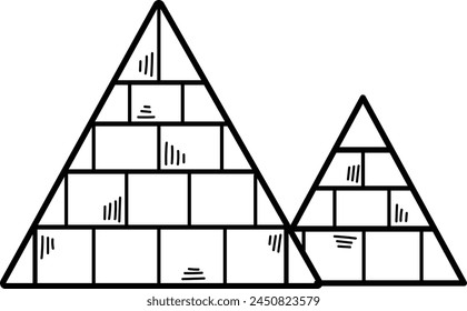 A drawing of a pyramid with palm trees and cacti in the background. The pyramid is made of bricks and is surrounded by a desert landscape. The palm trees and cacti add a sense of exoticism