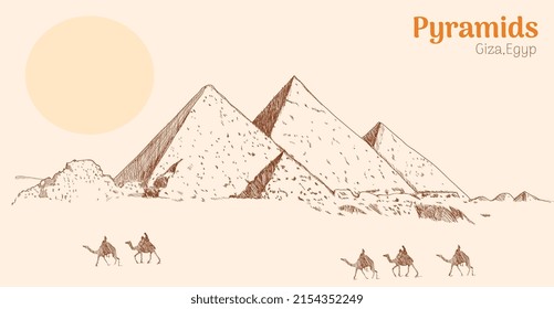 Drawing pyramids and desert in Giza, Egypt. Vector illustration