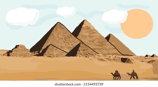 Drawing pyramids and desert in Giza, Egypt. Vector illustration