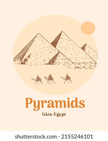 Drawing pyramids and desert in Giza, Egypt. Vector illustration