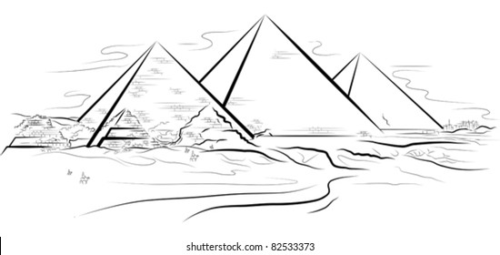 Drawing pyramids and desert in Giza, Egypt. Vector illustration