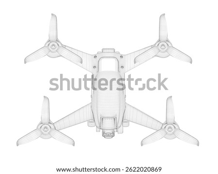 A drawing of a quadcopter with a camera on top. The quadcopter is black and white