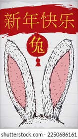 Drawing of rabbit ears, splatter and lantern in brush strokes with greeting for Chinese New Year of the Rabbit (written in Chinese calligraphy).