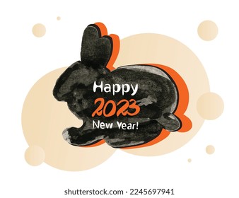 Drawing Rabbit and Happy New Year Hand Drawn Imitation, Grunge Doodle 2023 Symbol, Brush Bunny Silhouette, Black Watercolour Hare, Rabbit Vector Illustration