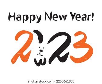 Drawing Rabbit and Happy New Year Hand Drawn Imitation, Grunge Doodle 2023 Symbol, Brush Bunny Silhouette, Black Watercolour Hare, Rabbit Vector Illustration
