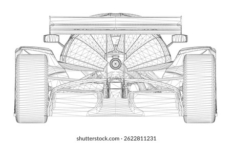 A drawing of a race car with a large wheel on the back. The drawing is in black and white and has a very detailed look to it. Back view. 3D