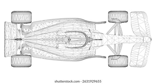 Um desenho de um carro de corrida com uma roda muito detalhada. O desenho está em preto e branco e tem uma aparência muito detalhada. Vista superior. 3D