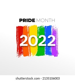 Drawing of rainbow colours brush stroke with texts 2022 Pride Month. Concept design for LGBTQ community in pride month. Vector illustration. Isolated on white background.