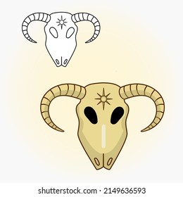 Drawing of a ram's skull. Vector flat illustration. Magic and Halloween illustration. Coloring page.