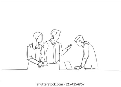 Drawing Of Real Life Business Teams Coworkers Discussing Their Ideas. Single Line Art Style
