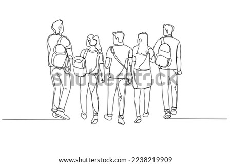 Drawing of rear view bachelor campus walking after to college building. Continuous line art
