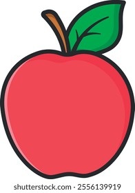 drawing of a red apple with a green leaf without background