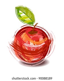 drawing red apple with green sheet - sketch