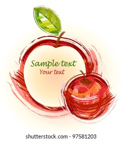 drawing red apple with green sheet - sketch
