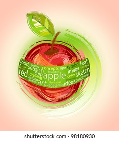 drawing red apple with green sheet - sketch