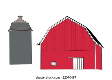 Drawing Of Red Barn With Silo.