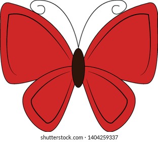 A drawing of a red butterfly with brown thorax, black antenna and red wings that are widely opened., vector, color drawing or illustration. 