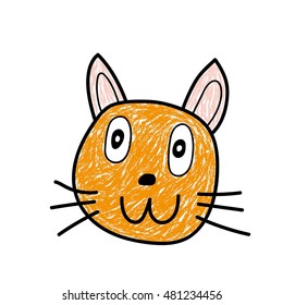 Сhildren's drawing of a red cat's face. Vector illustration.