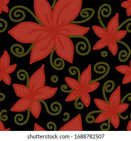 drawing red flowers. Black background. Colorful vector wallpaper. Seamless background with vegetables. Decorative illustration, good for print.
