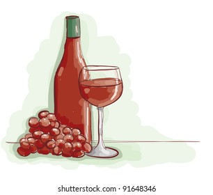 drawing of red grapes, wine and wine glass