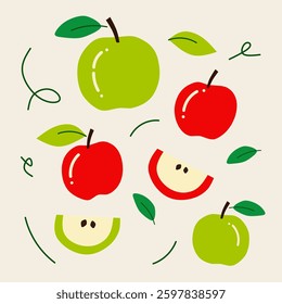 Drawing of red and green apples in different forms, whole, sliced, and leaves with a simple and playful style. Perfect for fruit-themed design promoting health and wellness.