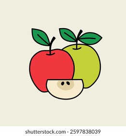 Drawing of red and green apples in whole, sliced, and leaves with a simple and playful style. Perfect for fruit-themed design promoting health and wellness.