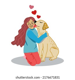 drawing of a red hair girl who hug her dog that licking on her smile face with red heart show love and care to each other ,pet and human best friend concept