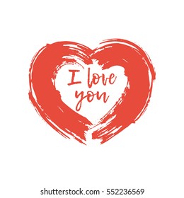 Drawing red heart painted brush strokes with an text "I love you." Symbol love. Valentine's Day, element design cards, congratulations, recognition. Vector grunge style. Isolated on white background.