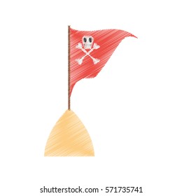 drawing red pirate flag with skull bone sand sea vector illustration eps 10