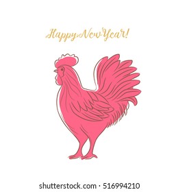 Drawing red rooster. Design Happy New Year greeting card. Cock, bantam, cock-a-doodle-doo illustration svg