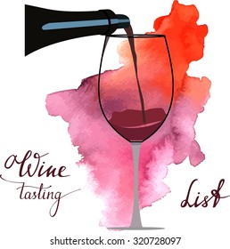 Drawing of red wine poured into glass from bottle with help of wine aerator (pour spout) on bright red watercolor splash, with handwritten words 'wine, list, tasting', scalable vector graphic